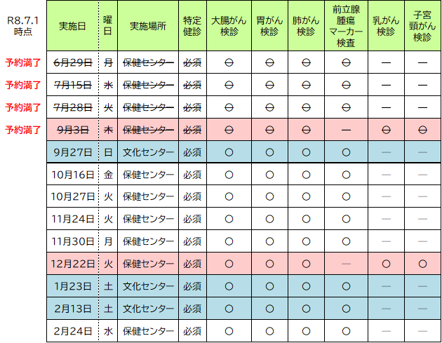 令和8年度集団ミニドック日程表